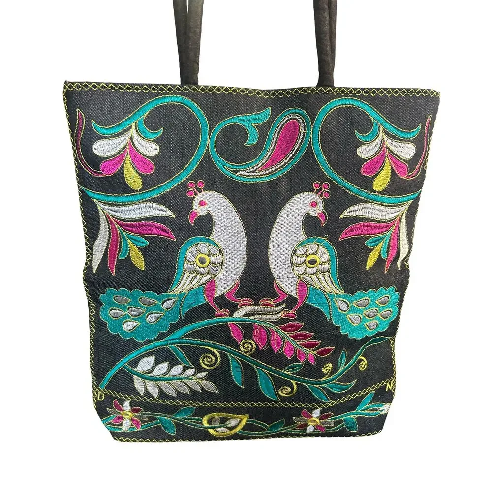 Embroidered Denim Tote Bag — 14x14, Boho/Artisan Style - Picture 8 of 8